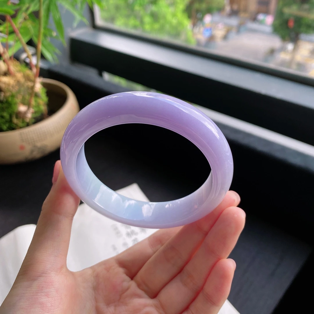 好色珠宝  圈口61缅甸老坑A货细糯紫罗兰正圈女款翡翠手镯