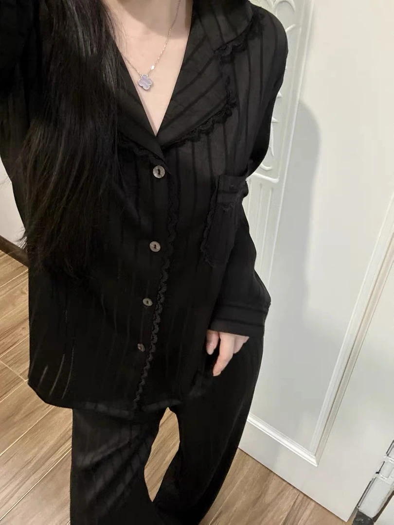 韩系简约纯色长袖睡衣女春秋季2025新款双层纱布家居服套装可外穿