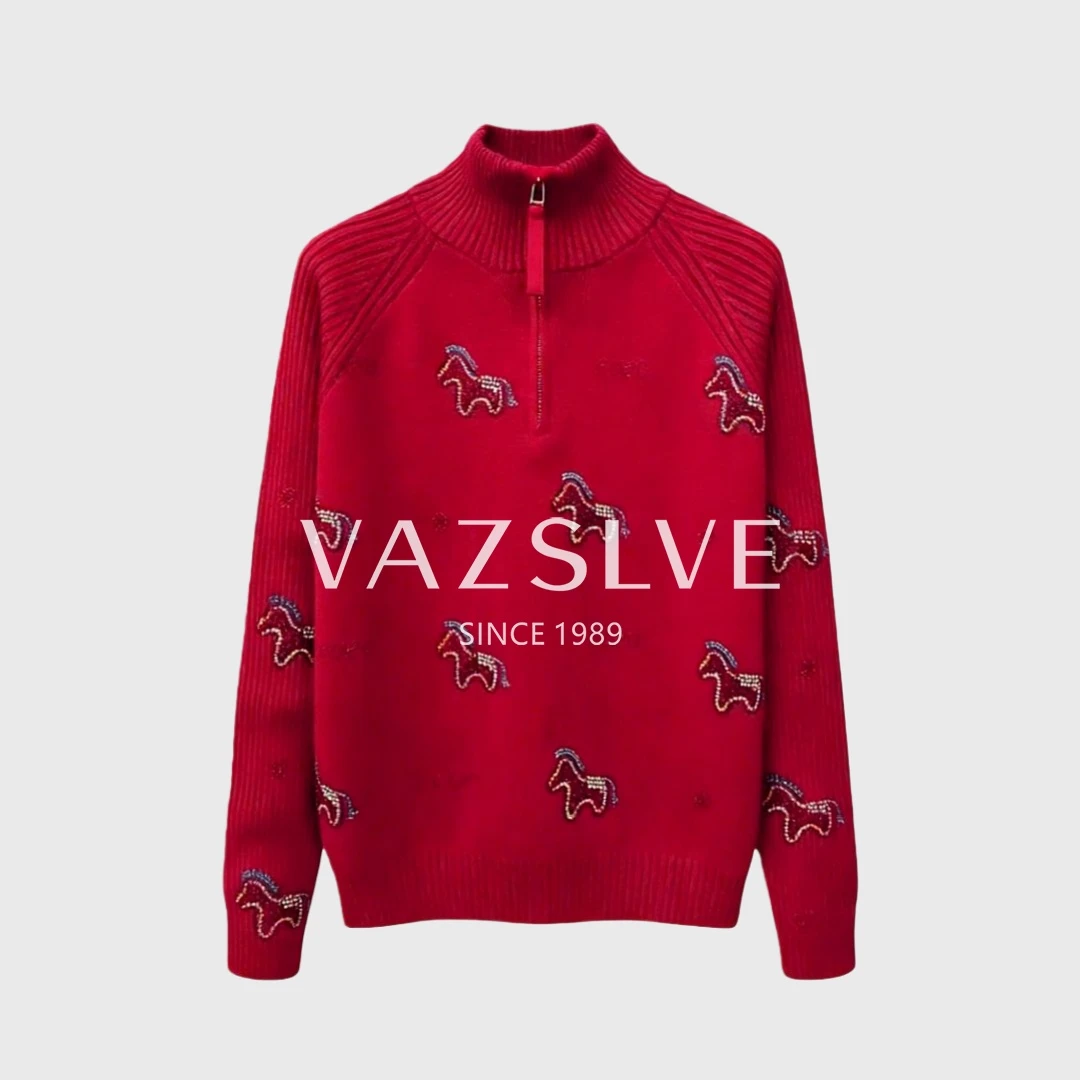 【VAZSLVE/全新奢品】捡漏 羊毛满印烫钻小马半拉链毛衣msl1343