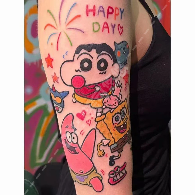 蜡笔小新卡通可爱花臂彩色纹身贴海绵宝宝儿童学生可水洗贴纸高级