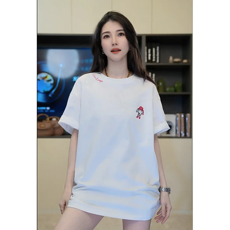 小乖逃X红色刺绣领圆领小众白色T恤摇滚猫白色上衣X1211