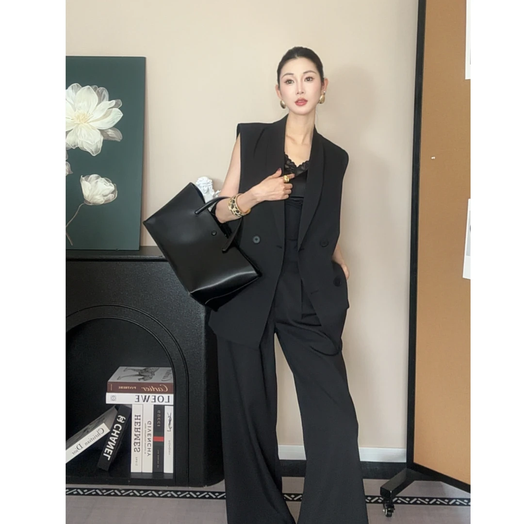 高级感夏季薄款西装套装女无袖马甲上衣+阔腿长裤气质显瘦两件套