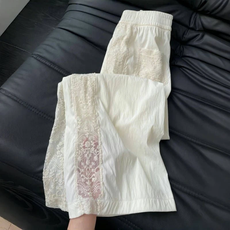 芭蕾风蓝色休闲裤女夏季薄款设计感蕾丝拼接宽松垂感直筒阔腿裤子