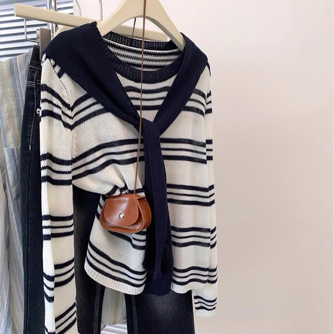 薄款针织外搭毛针织衫圆领宽松型网红蓝白秋季披肩两件套