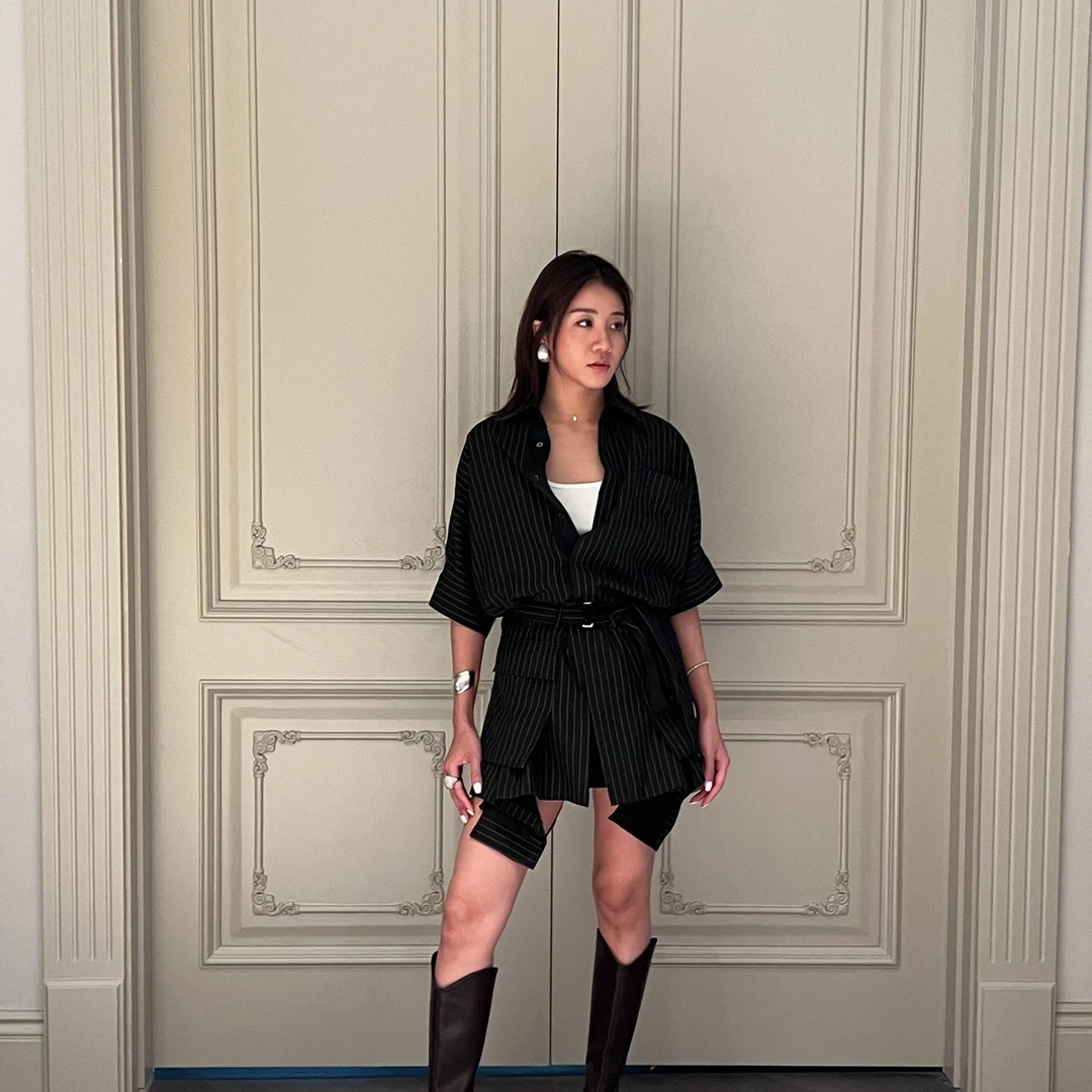 2402黑条纹收腰系带短袖连衣裙