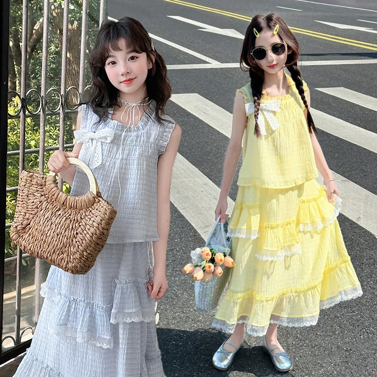女童套装小清新套装甜美蝴蝶结夏新款高腰中长款半身裙两件套
