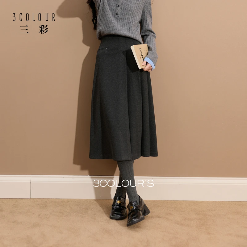 三彩2025冬季新款简约收腰褶裥半身裙A字裙大摆中长裙气质S