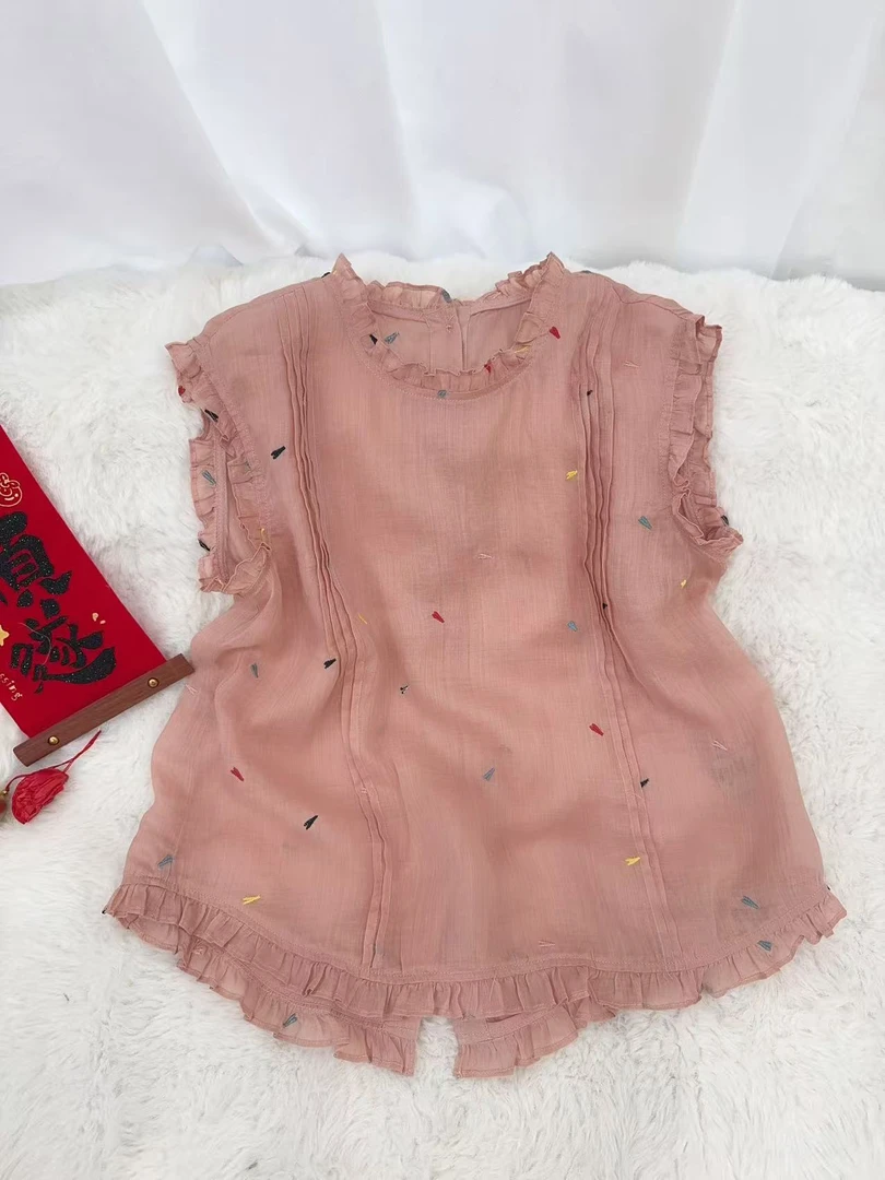 【彩色爱心】粉色夏季新款圆领木耳边爱心刺绣衬衫女上衣新中式