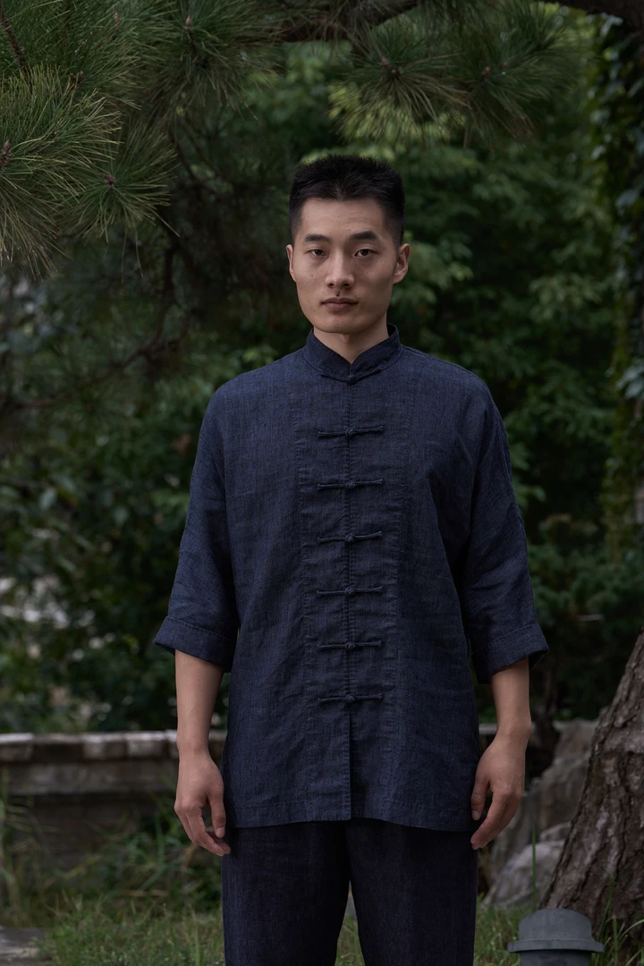 慈航中国风布衣传统手工盘扣藏蓝色色织亚麻七分袖中式男装夏季
