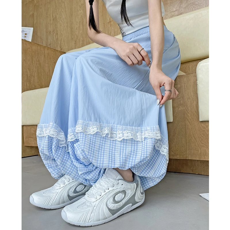 蓝色女夏季花苞裙裤蕾丝花边灯笼裤小个子高腰显瘦垂感格子阔腿裤