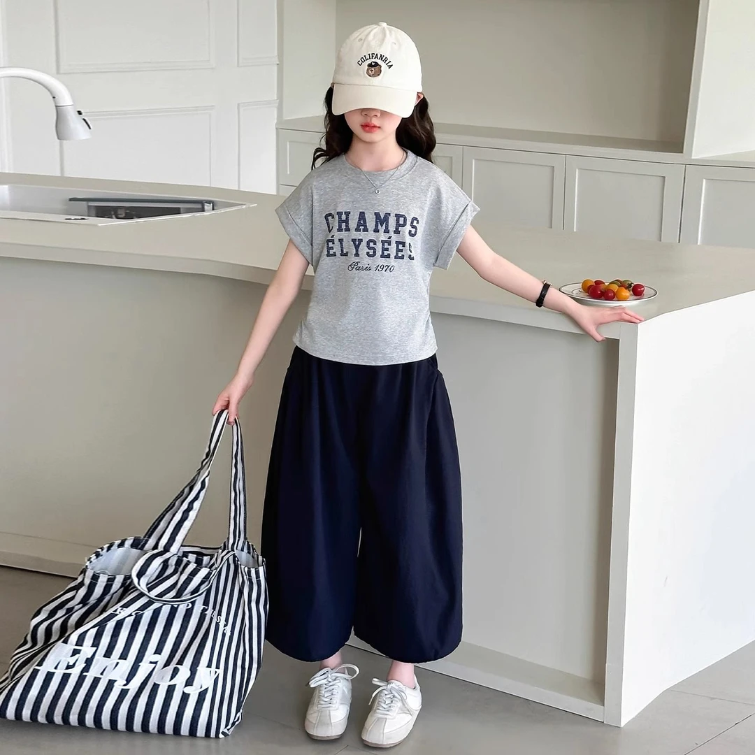 女童中大童短袖休闲套装时髦潮流春夏新款美式字母灰色儿童两件套