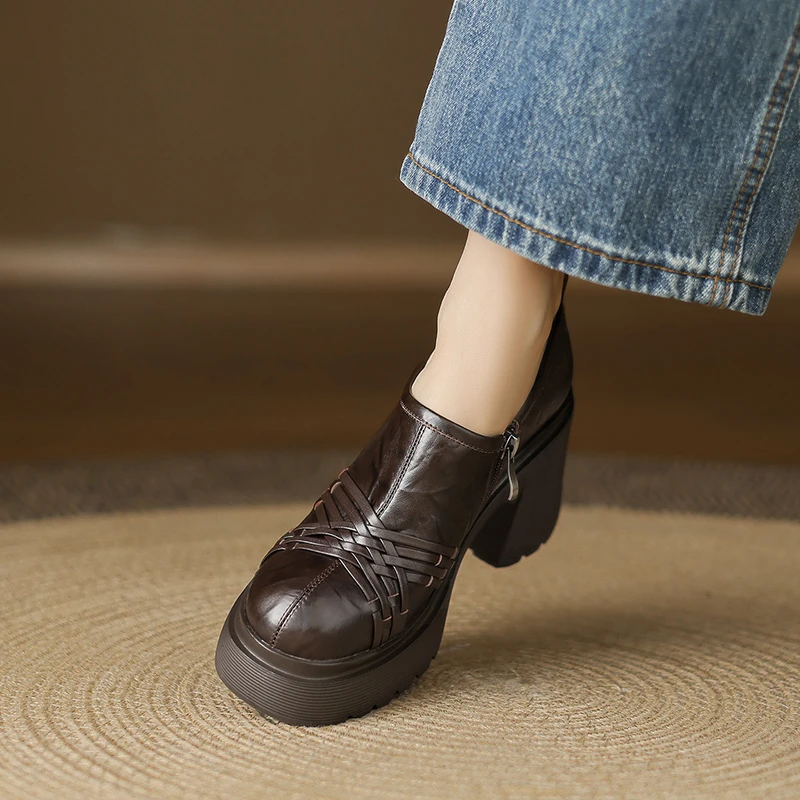 设计感高跟单鞋女2025新款小个子增高10cm防水台厚底圆头小皮鞋