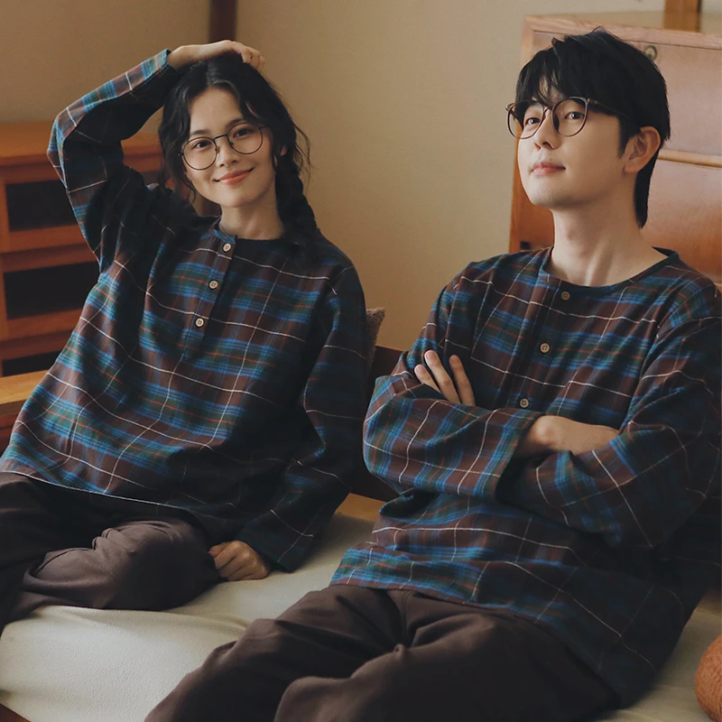 【段姐家居服】全棉磨毛咖色情侣款圆领套头秋冬长袖睡衣套装简约