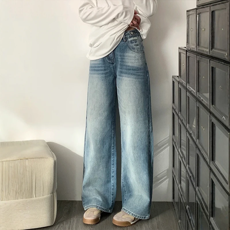 设计感做旧阔腿牛仔裤女2025夏季新款复古宽松显瘦直筒垂感拖地裤