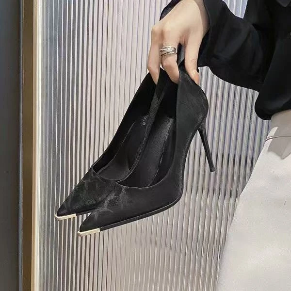 珍珠家细跟高跟鞋金属铁头假日风夏季套筒高跟鞋