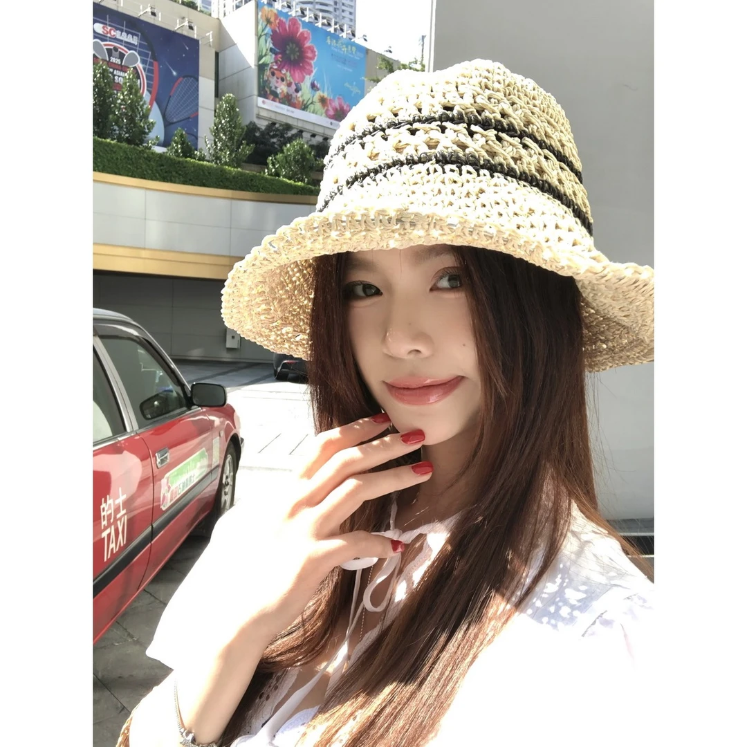 double i i 春夏大帽檐撞色编织草帽女户外度假防晒遮阳渔夫帽