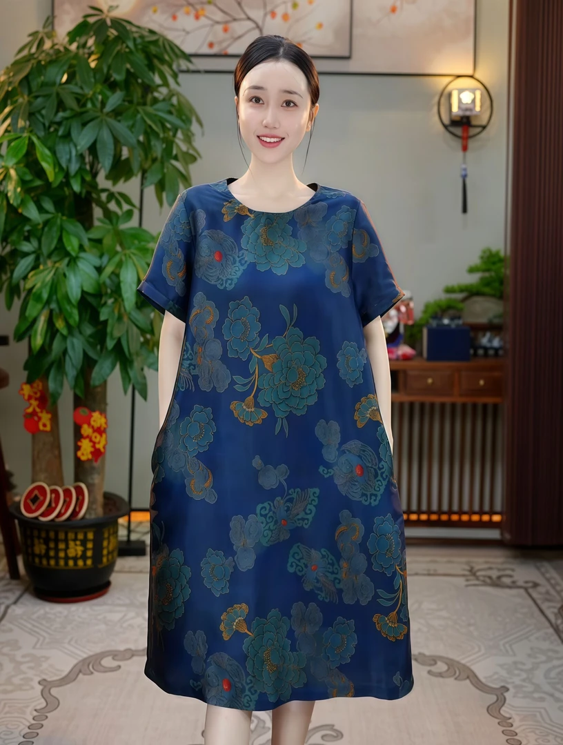 金禧禧【兰亭大牡丹】香云纱连衣裙J25073A