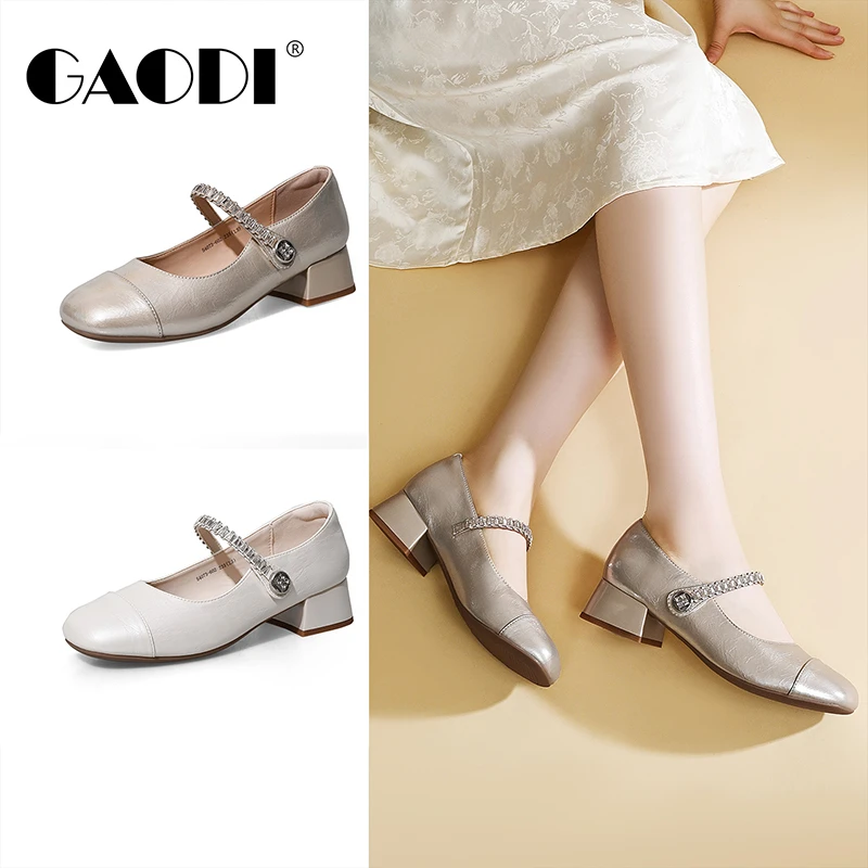 GAODI/高蒂新款夏粗跟方头浅口拼接一字带玛丽珍鞋跟鞋