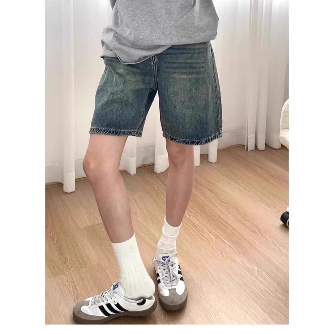 美式复古牛仔阔腿短裤女2025夏季薄款高腰宽松显瘦直筒五分中裤子