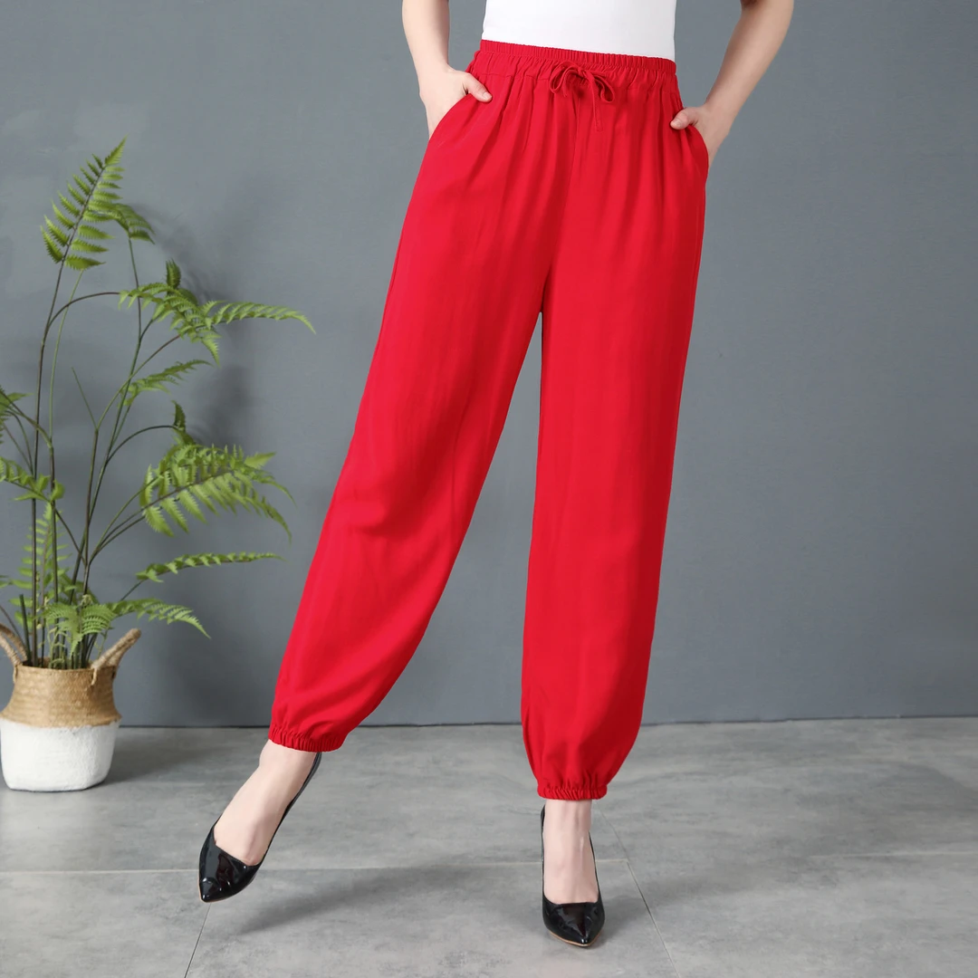 红色棉麻女裤子2025春夏薄款束脚灯笼裤时尚百搭显瘦大码休闲长裤