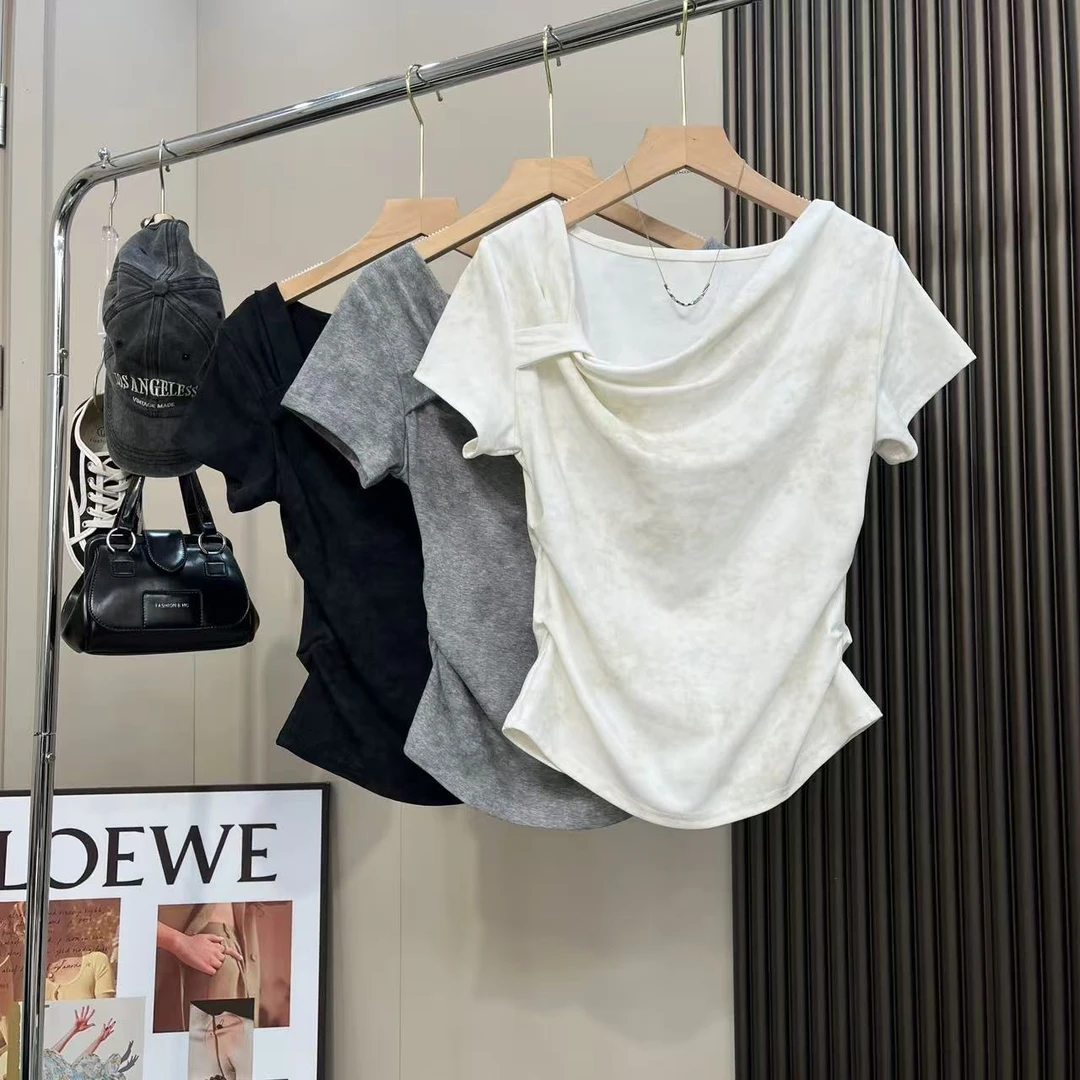 2025夏季新款扎染纽结上衣女修身显瘦高级设计感正肩短袖T恤