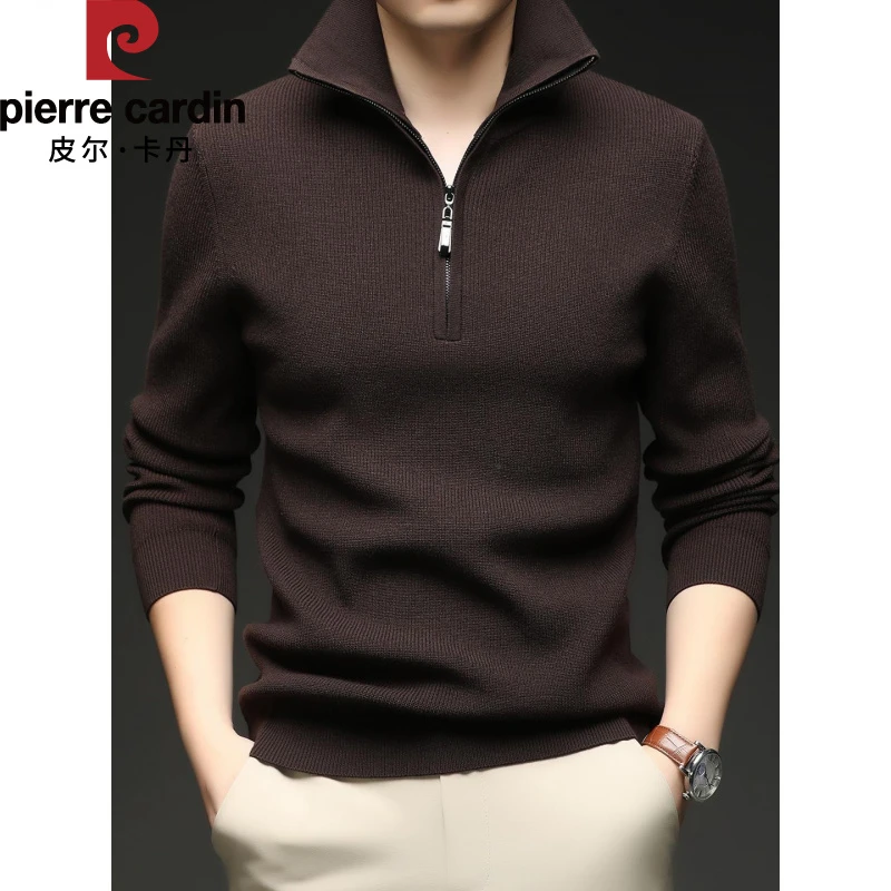 皮尔卡丹冬季休闲毛衣男立领半拉炼加厚针织衫潮流男装翻领纯色保