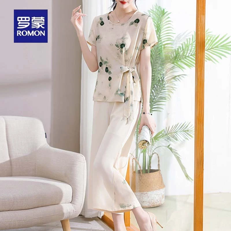 罗蒙妈妈夏装新款套装阔太太雪纺上衣中老年女夏季薄款短袖两件套