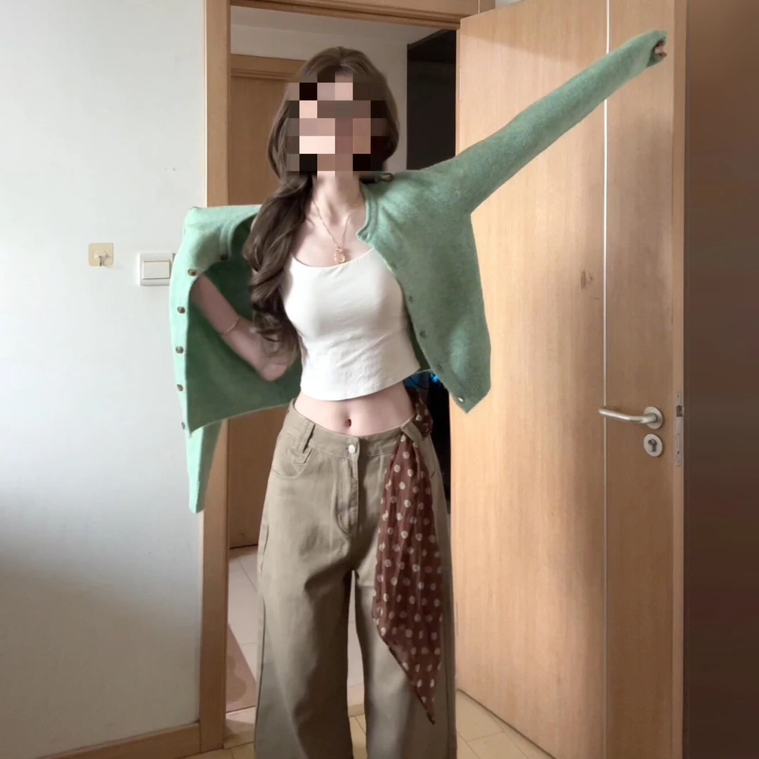 韩系绿色针织开衫上衣女早秋季2026新款软糯慵懒风费尔岛毛衣外套