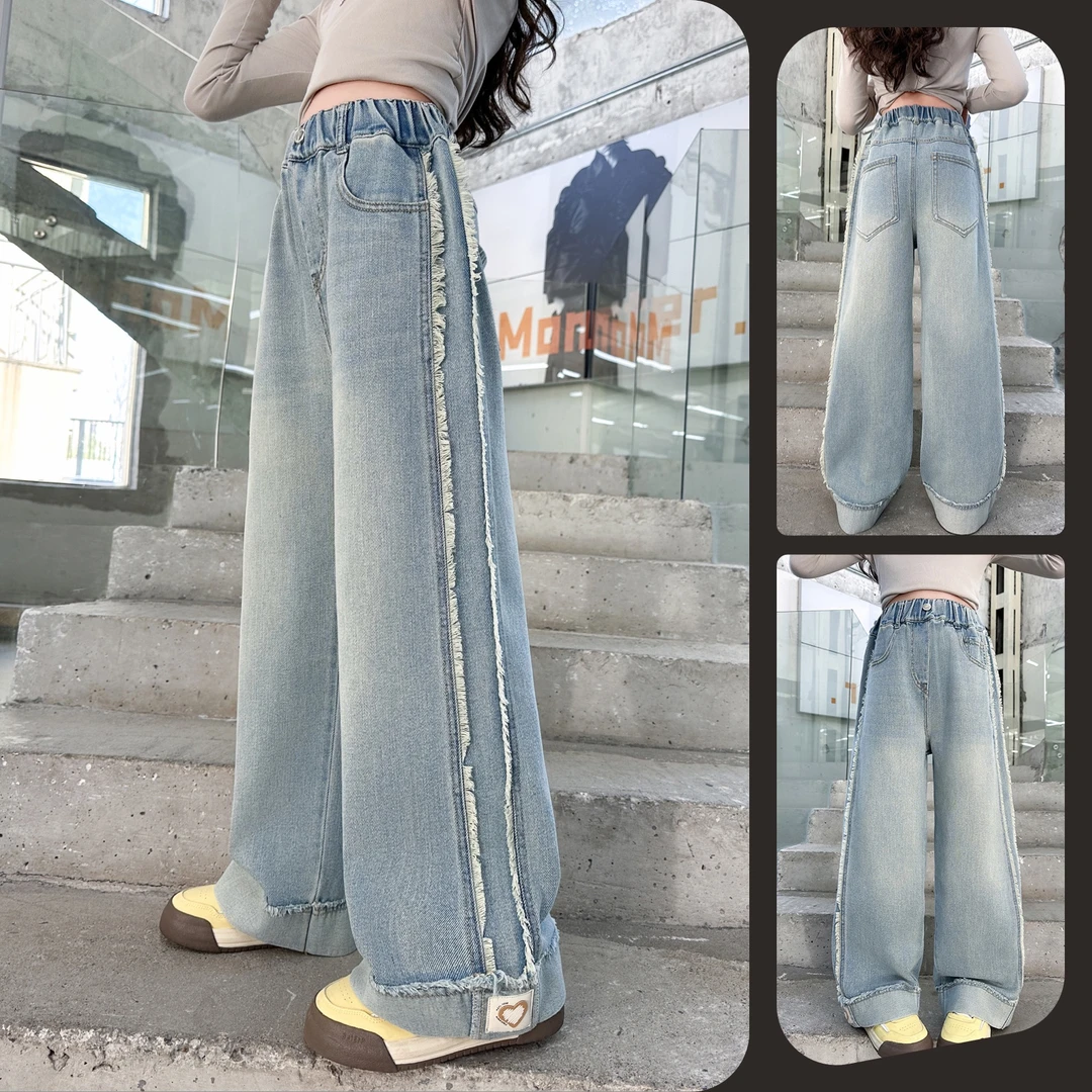 女童时尚贴标毛边阔腿牛仔裤中大童儿童6-12岁韩版显瘦潮款直筒裤