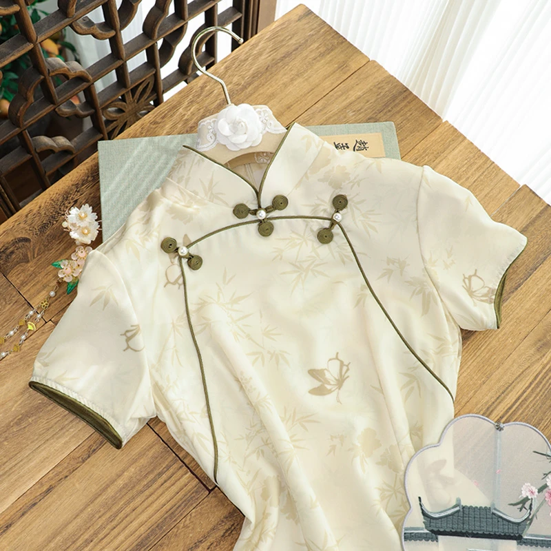 俏娘鱼新中式旗袍裙子改良新款日常可穿气质优雅淑女范短袖中国风