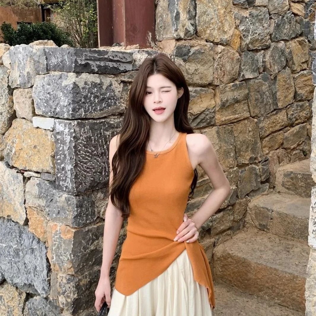 法式休闲套装夏季纯欲无袖不规则修身T恤女+垂感高腰半身裙两件套