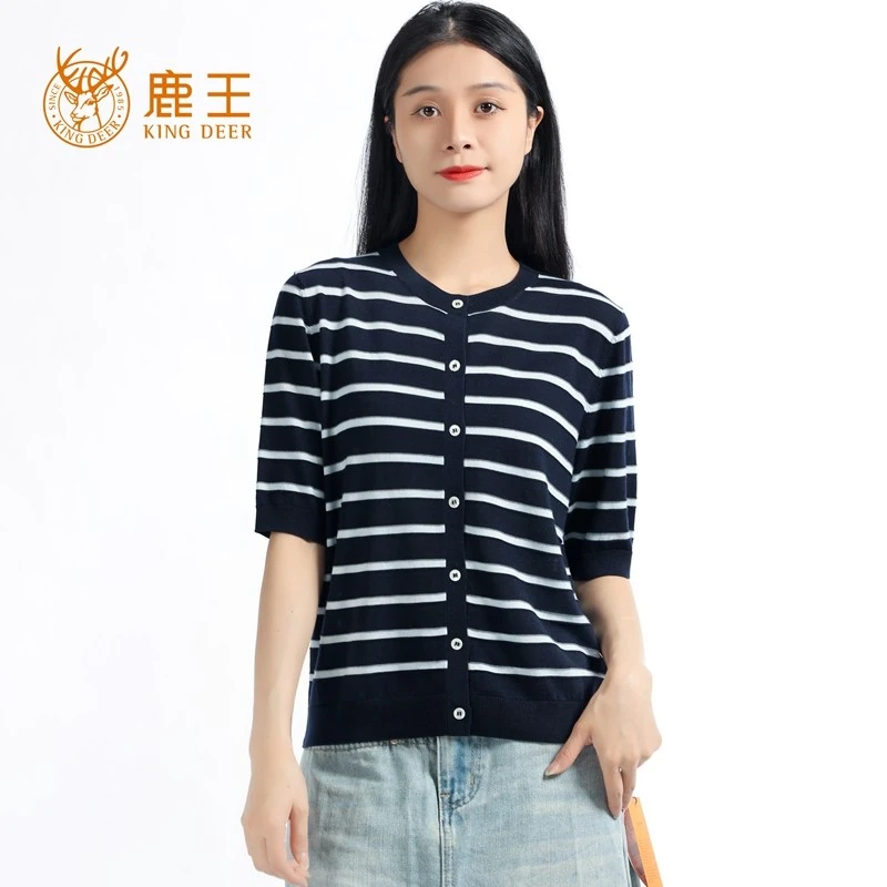 鹿王春季新款女圆领桑蚕丝精纺混纺休闲条纹针织短袖开衫 G416