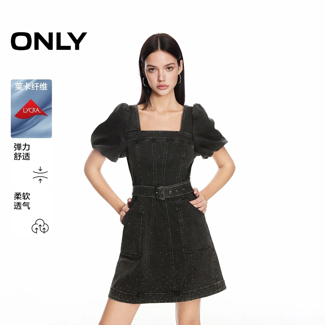 ONLY2025夏季新款复古莱卡泡泡袖方领短裙牛仔连衣裙女|125242018