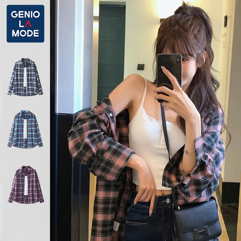 GENIOLAMODE格子衬衫女秋2025新款美式复古格纹长袖衬衣开衫外套