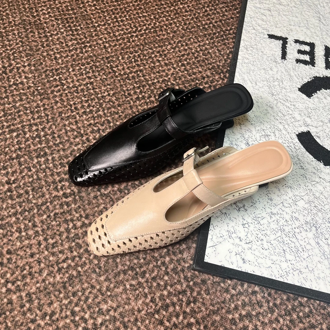 编织镂空方头包头日常通勤包头拖中跟休闲韩版舒适凉鞋春季穆勒拖