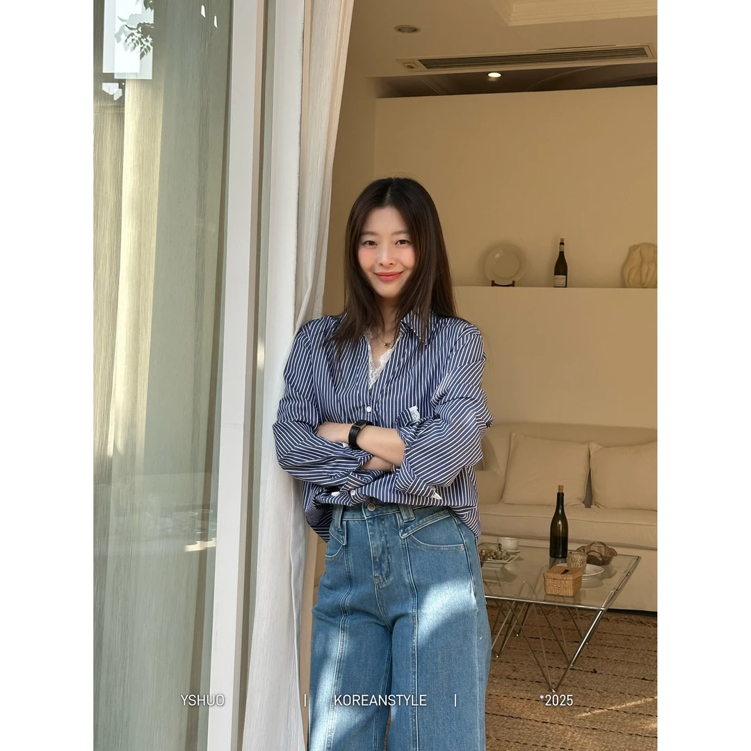 YSHUO【若隐若现】时尚韩系简约条纹百搭蕾丝翻领假两件衬衣 8771