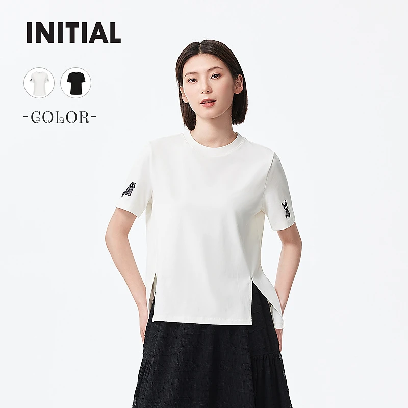 INITIAL简约修身开叉设计感刺绣小图案短袖T恤女25UTTFOCXX702