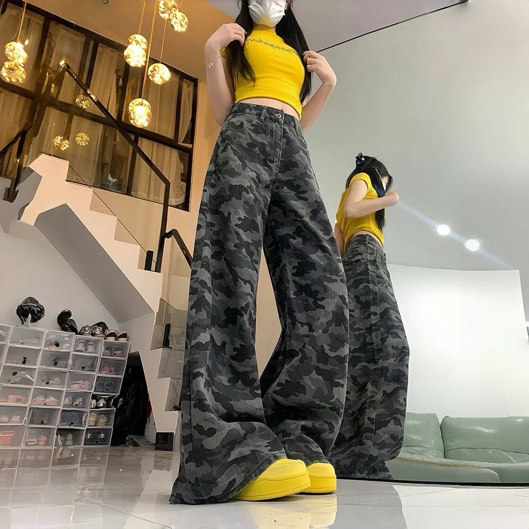 小个子美式高街迷彩色牛仔裤2025新款高腰辣妹显瘦宽松休闲阔腿裤