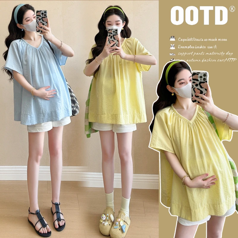 2025孕妇装新款夏季法式多巴胺V领甜美减龄娃娃衫上衣T恤中长款