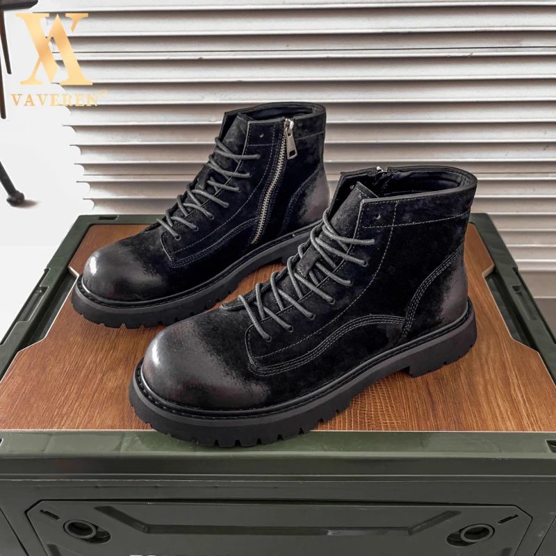 马丁靴男英伦风反绒皮高帮大头鞋侧拉链时尚百搭男士真皮马丁靴