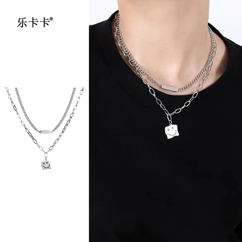 钛钢项链 双层叠戴链毛衣链小众饰品新款Luck笑脸X笑脸项链冷淡风