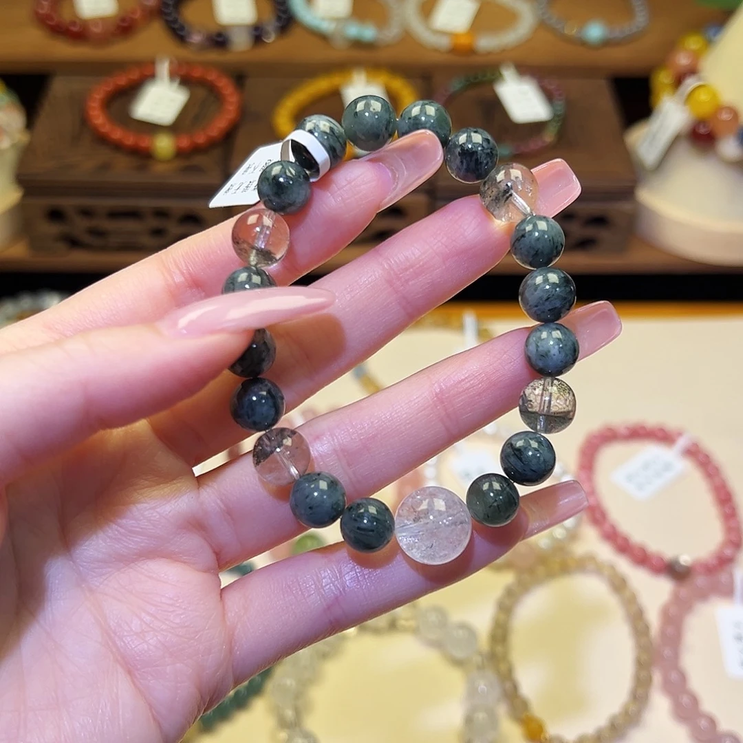 水晶手串银S925镀金镶嵌绿2216