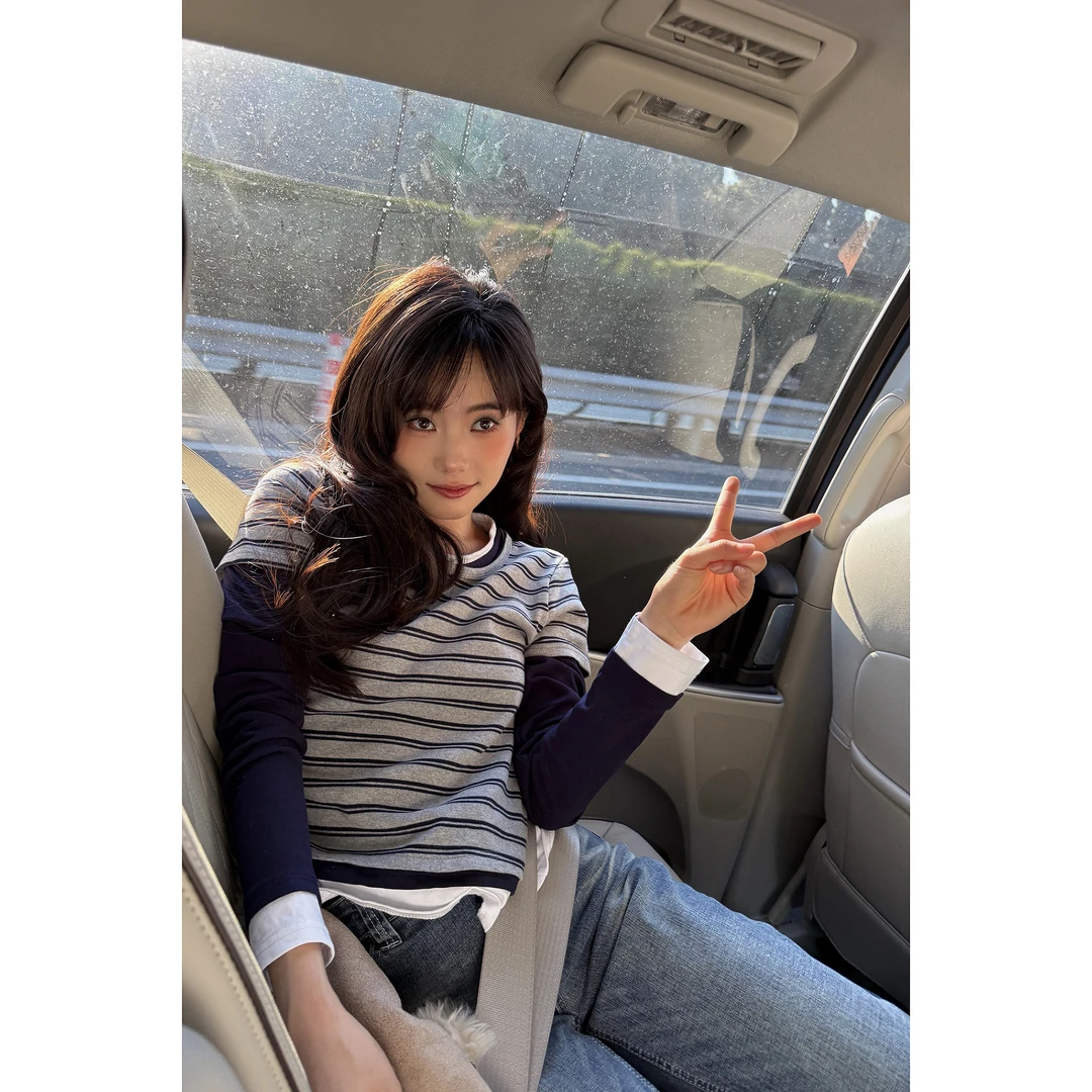 井迪儿【爱意延伸】95%棉休闲条纹假两件撞色条纹圆领套头长袖T恤