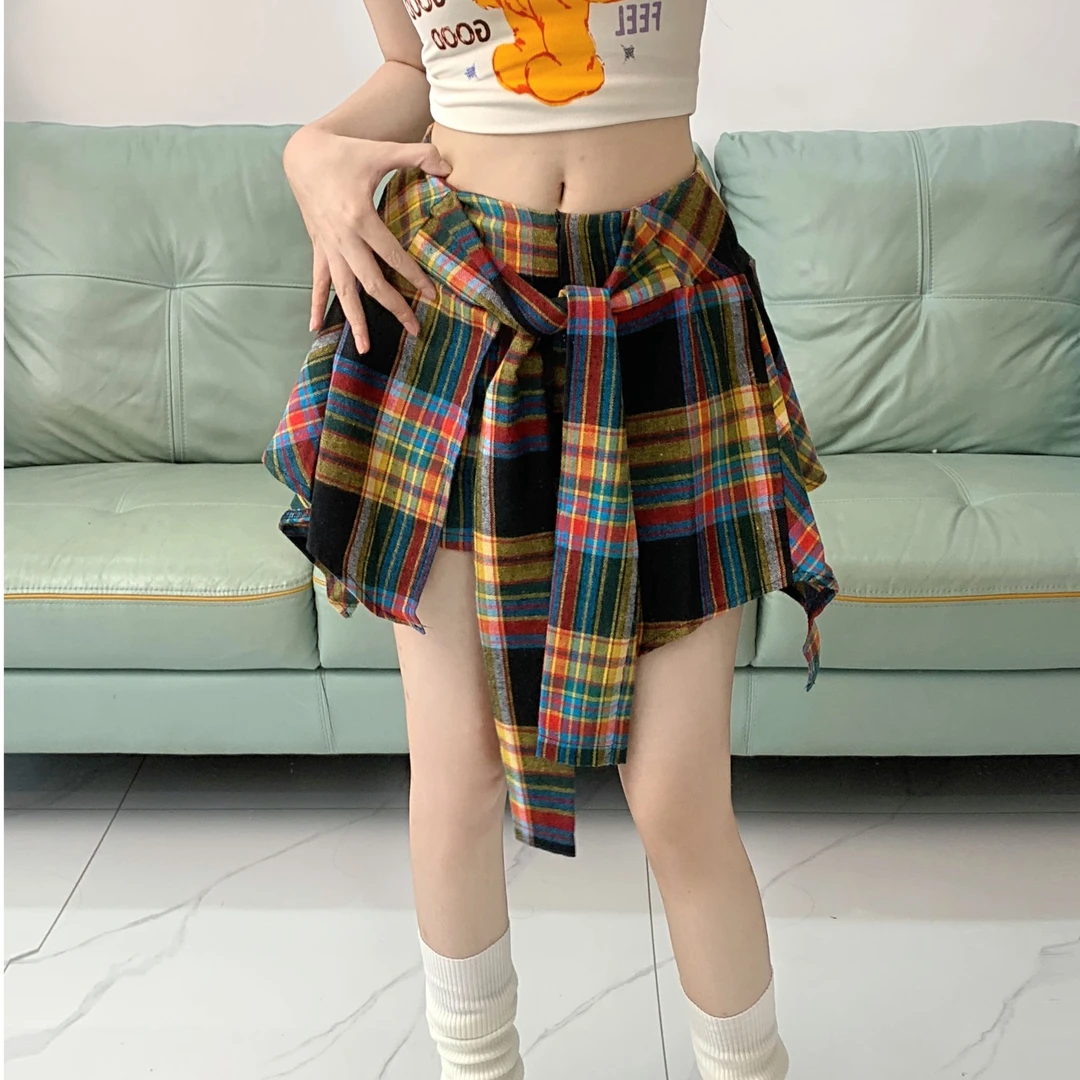 美式爵士舞嘻哈不规则格纹半身裙女夏季辣妹半裙A字裙裤短裙子