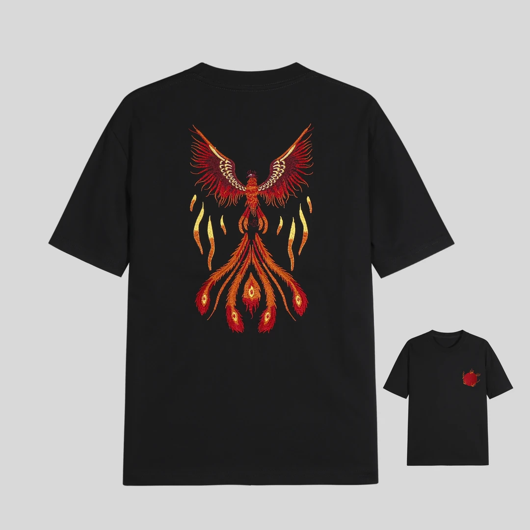 【花1】轻奢国风短袖经典百搭火凤刺绣T恤 y341