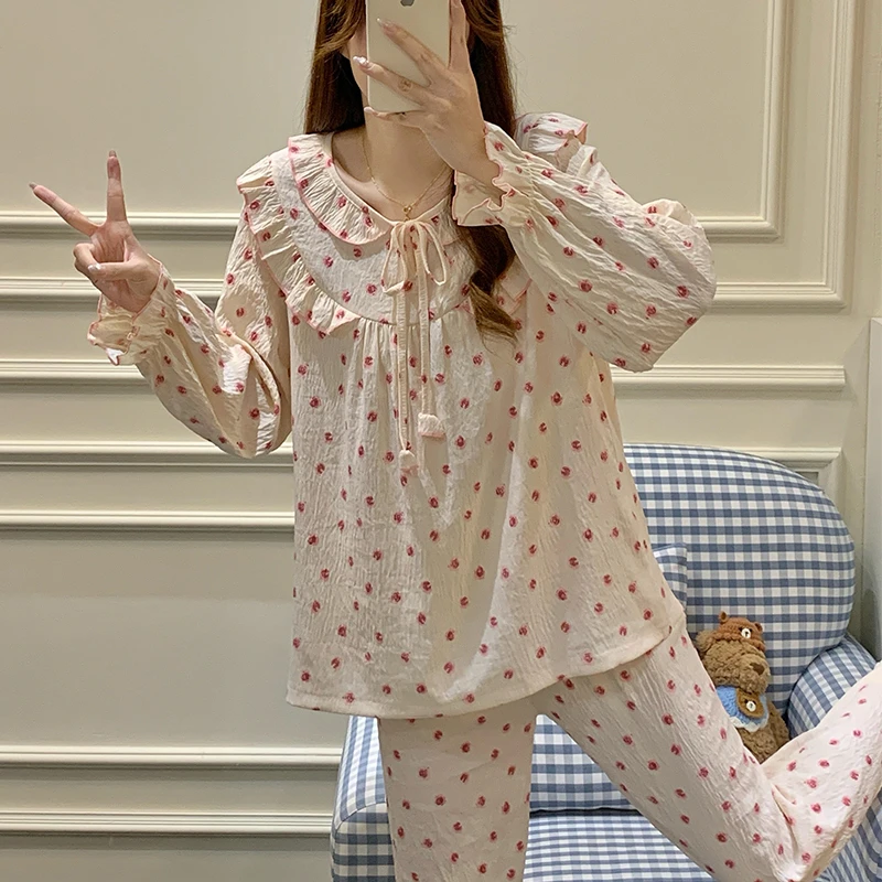 秋冬季女睡衣云朵棉长袖长裤甜美蝴蝶结花边加大码睡衣家居服套装