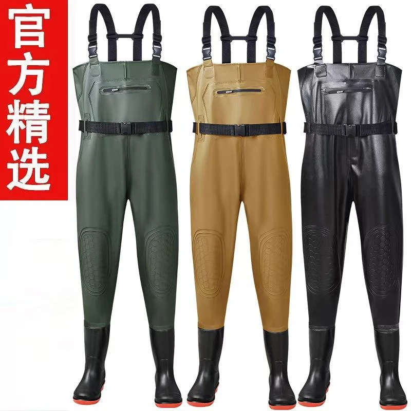 加厚PVC水裤雨鞋一体全身防水养殖赶海钓鱼涉水装备护膝防滑耐磨