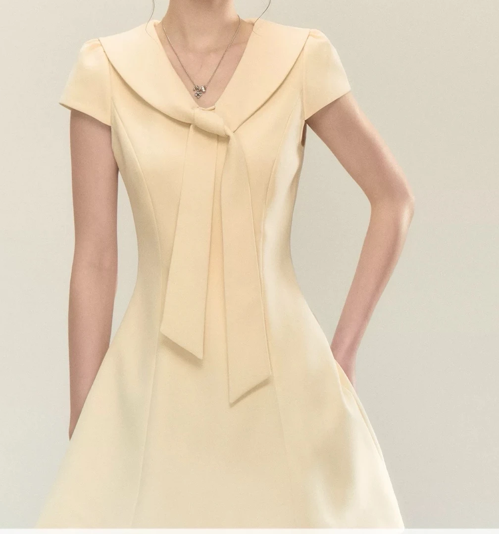 L002千金风海军领连衣裙夏季新款收腰显瘦气质高级感短袖A字裙