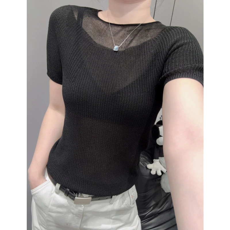 独特别致冰丝针织衫短袖女简约百搭弹力紧身黑色半袖上衣小衫夏天