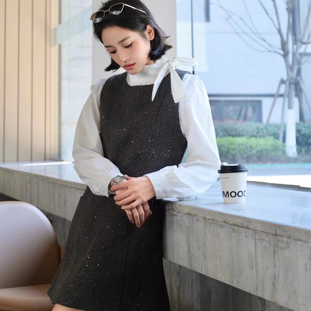 法式财阀千金风时尚亮片U领连衣裙别致蝴蝶结绑带小衫时尚套装裙